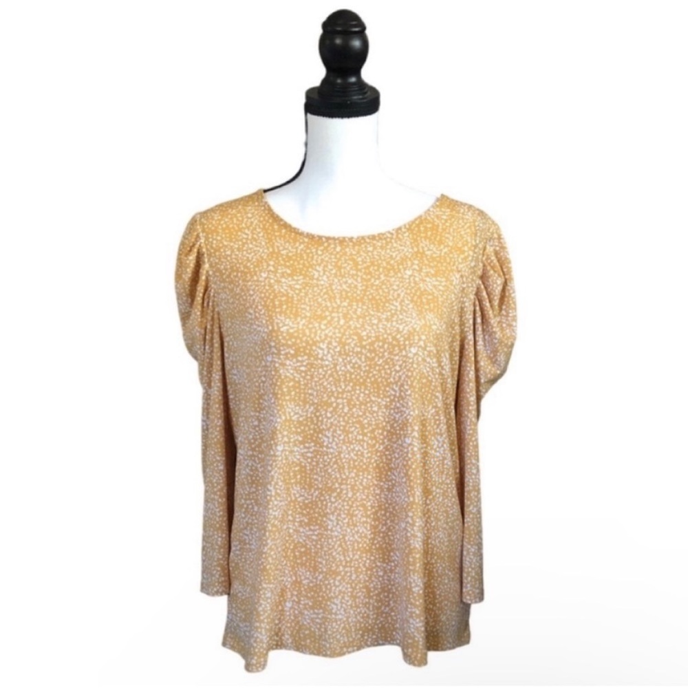 Adrianna Papell Abstract Dots Blouse Mustard Yellow Puff Sleeve Boho Chic Fall M
